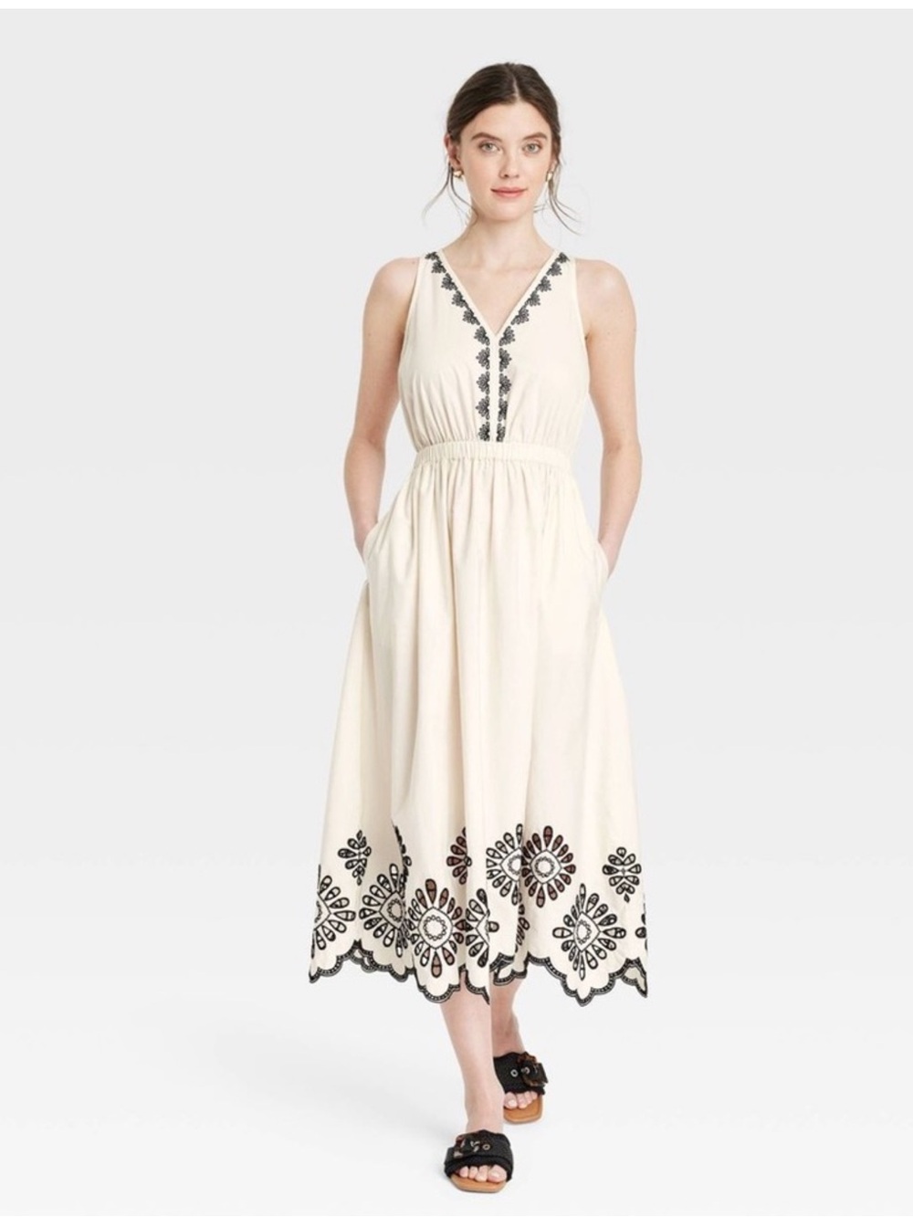 Universal Thread Cream Embroidered Midi Dress with Black Trim